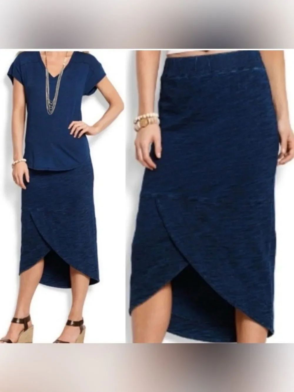 Tommy Bahama Millar Cotton Knit Tulip Midi Skirt Indigo Stretch Size XS Pull On